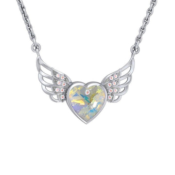 Crystal Heart with Angel Wings 18” Necklace with White Aurore Boreale Crystal Wing TNC453 - Jewelry
